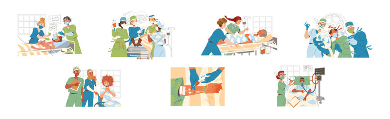Doctors with Patient as Medical Staff Working in Clinic Vector Illustration Set