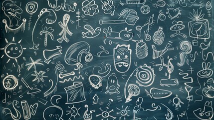 Chalkboard filled with fun doodles drawn with white chalk