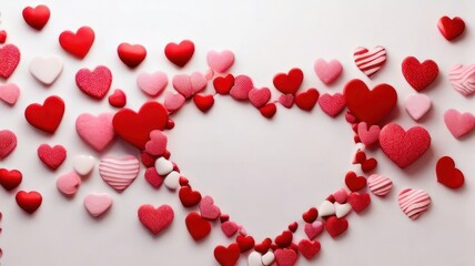 White background with many red and white hearts all around it with empty space in the center