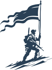 Fully equipped soldier with weapon and flag in vector stencil