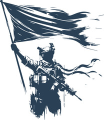 Fully equipped soldier with a flag in vector stencil style