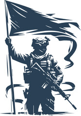 Modern soldier in full gear with a flag in vector stencil art