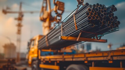 Naklejka premium Steel Rebar Bundles Lifted by Crane for Construction Site