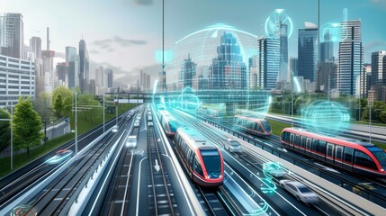 A vibrant depiction of a futuristic city with dynamic data flows and virtual projections over an urban skyline.