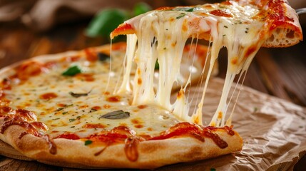 Hot slice of Italian four cheese pizza with basil.

