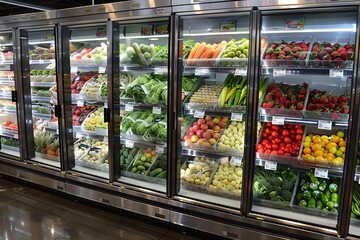 colorful display of fresh fruits and vegetables in refrigerated section of costco store