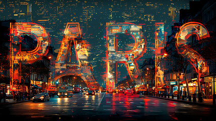 Paris city destination poster in the style of film photo montage depicting iconic landmarks and scenes from the city. Vacation and international travel concept.