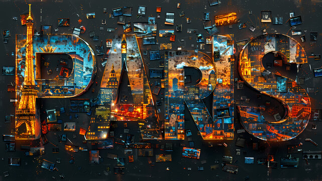 Paris city destination poster in the style of film photo montage depicting iconic landmarks and scenes from the city. Vacation and international travel concept.