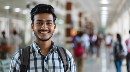 Fototapeta premium Young smiling indian student standing in univesity hall.&nbsp;