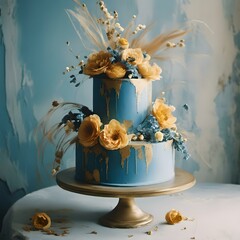 Vintage Blue Cake with Floral Blooms