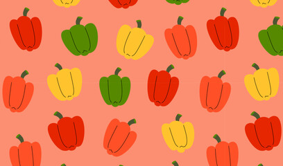 Seamless pattern of red, yellow, green, and orange bell peppers on red background. Simple vector design for textiles, wallpapers, and prints.