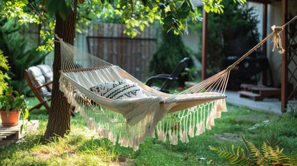 Cozy backyard with a boho-style hammock hanging from a tree.