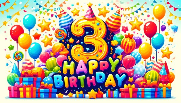 Colorful Third Birthday Celebration with Festive Number Three, Balloons, and Gifts on a Vibrant Background