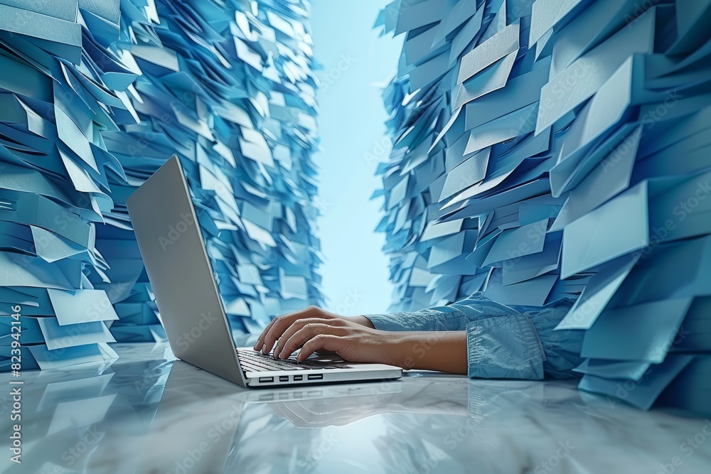 Poster overwhelmed by email overload in a modern office, highlighting the challenges of digital communicati