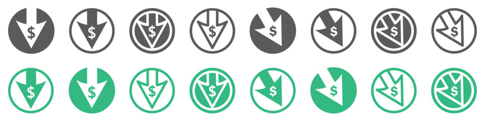 Set of cost reduction icon. Dollar down icon, dollar decrease. Cost price low, vector.