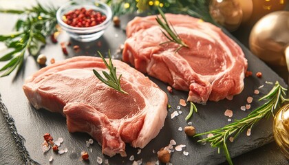 Fototapeta premium Fresh Pork Meat on Black Stone Background