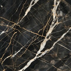 A detailed photograph of a Portoro marble, focusing on its luxurious black surface veined with intense gold and white lines, under a high-contrast light setting to enhance its natural luster.