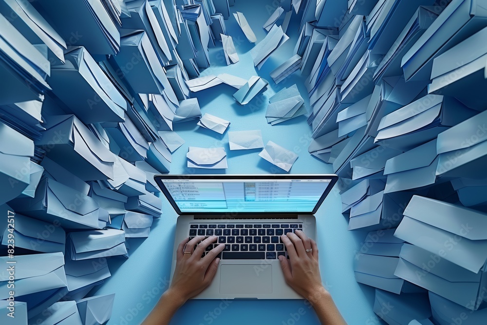 Poster overwhelmed by email overload in a modern office, highlighting the challenges of digital communicati