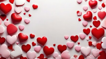 White background with many red and white hearts all around it with empty space in the center