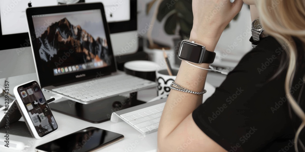 Poster modern workspace with laptop and smartwatch, showcasing a tech-savvy environment for productivity an