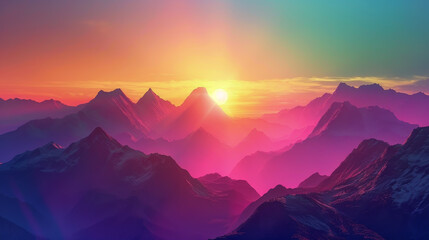 A beautiful mountain landscape with a bright orange sun in the sky
