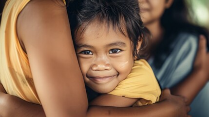 A young Southeast Asian girl smiles while embracing her parent, expressing joy and security in a tender moment.