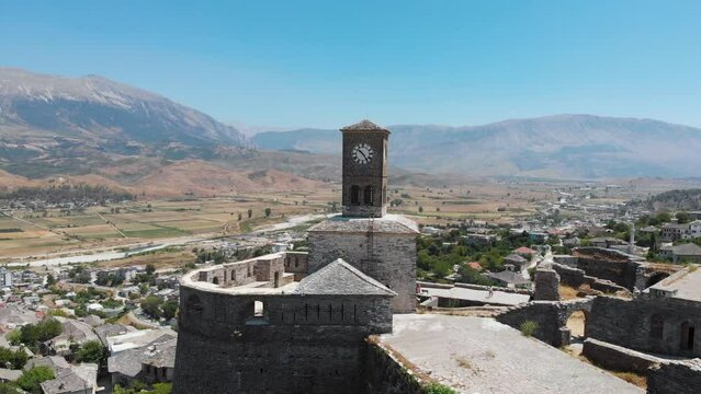 Drone View of Medieval Gjirokastra Castle and town in Albania