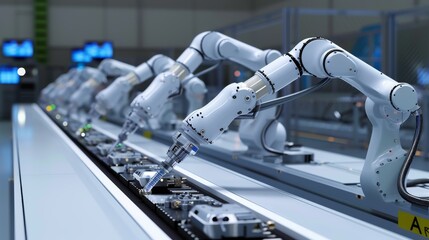 Multiple white robotic arms precisely handling microchips on a production line, showcasing high-tech automation in electronics manufacturing.