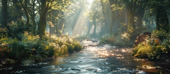 Tranquil D Forest Stream Basking in Dappled Light and Muted Hues