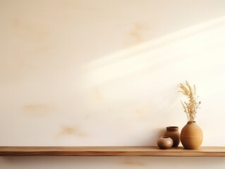 white wall, vintage vibe, light brown warm atmosphere