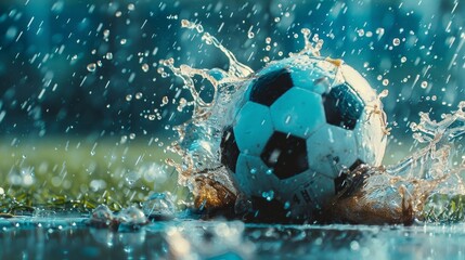 Soccer ball splashing on a wet stadium field.

