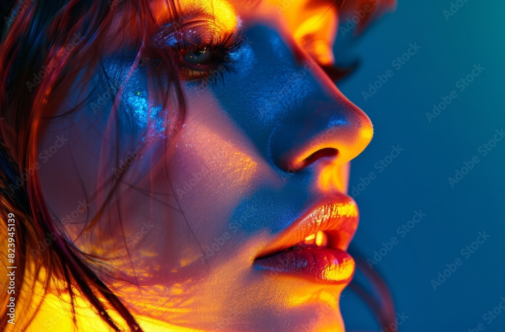 Wall mural Beautiful woman in colourful neon light, beauty fashion photoshoot, high contrast, dynamic lighting, close up, high resolution photography - Wall murals
