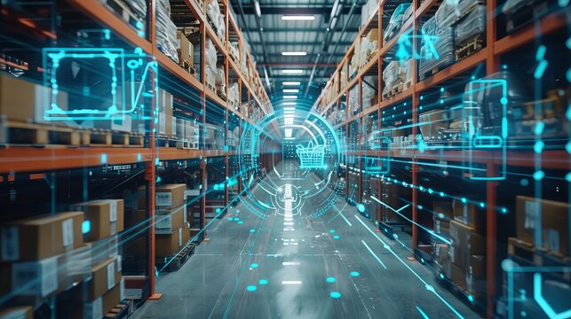 IoT-powered brains manage a smart warehouse, optimizing efficiency with connected devices.