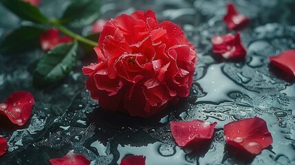   A single red rose rests atop a puddle, surrounded by a green leaf and another red bloom