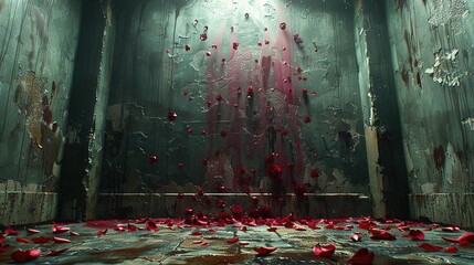   Red petals litter the floor, while light illuminates both the floor and walls