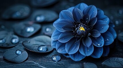   A detailed photo of a blue blossom with droplets of water on its petals and surface
