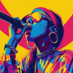 A close-up portrait of a woman singing into a microphone. She is wearing sunglasses and has a colorful background.
