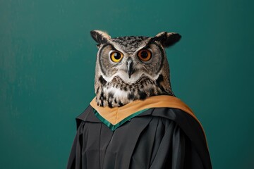 A photo of a wise-looking owl in a graduation gown, posing with one wing extended as if giving a speech, isolated on a solid green background, capturing the owl's authoritative presence.