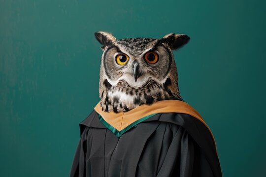 A photo of a wise-looking owl in a graduation gown, posing with one wing extended as if giving a speech, isolated on a solid green background, capturing the owl's authoritative presence.