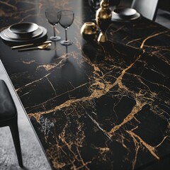 A dining table surface made from a single, exquisite slab of Port Laurent marble, its black background and golden veining offering an opulent dining experience.