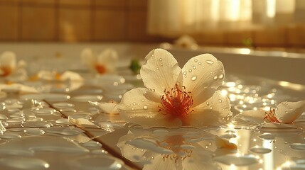   A close-up of a flower on a tiled floor with water droplets and a window in the background