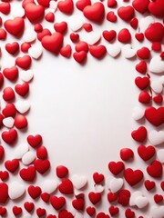 White background with many red and white hearts all around it with empty space in the center