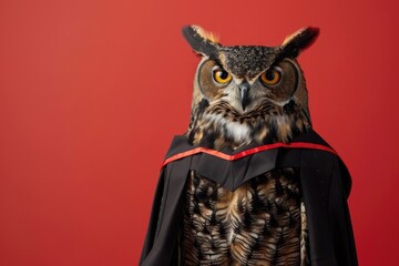 A photo of a distinguished owl wearing a graduation gown, perched confidently with a slight tilt of the head, set against a solid red background, emphasizing its proud and learned pose.