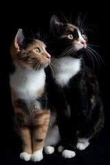 Fototapeta premium Two cats are sitting next to each other on a black background