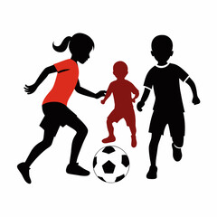 Vector silhouette of siblings are playing with a soccer ball on white background