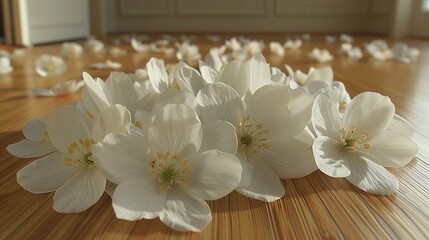   A cluster of white blossoms rests atop a wooden desk beside one another on an exposed wood floor