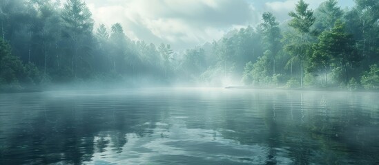Tranquil Morning A D Rendering of a Calm Foggy Lake Reflecting the Surrounding Forest