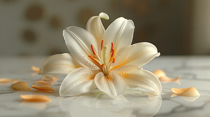  A close-up of a white flower on a marble surface, surrounded by scattered petals and water droplets on the ground