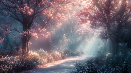 Dreamlike Forest Path A Tranquil Journey through Soft Light and Pastel Hues in a D Rendered Landscape