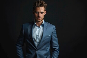 Obraz premium Male Model Suit. Fashionable Young Man in Blue Suit Posing Against Black Background
